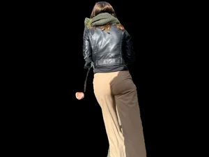 Candid girl in a leather jacket and pants with VPL street creepshots
