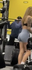 Petite blonde with bubble butt in blue spandex shorts