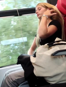 Hot busty blonde on train
