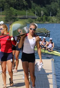 Sexy row girls in tight tops and spandex shorts