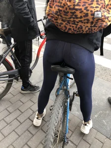 Candid Girl in Hot Legging on a Bike Waiting on the Crosswalk, Sexy Fit Butt And Legs