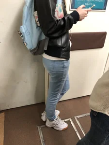 Skinny Legs in Tight Jeans and Leather Jacket Subway Train Candid