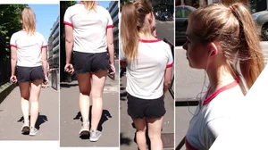 Extremely cute candid teen in shorts street creepshots collage