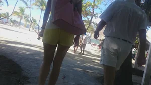 Milf in yellow shorts with vpl and a wedgie