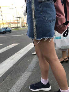 Girl in Denim Skirt with Hot Skinny Legs Street Candid