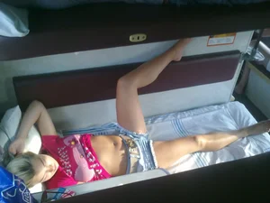 Barefoot Girl in a Pink Top And Denim Shorts Asleep in a Train Sleeping Car Creepshots