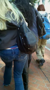 Blonde in tight jeans with her red thong sticking out