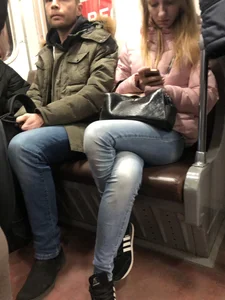 Girl with Skinny Crossed Legs in Tight Jeans Subway Train Candid Pics