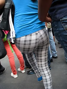 Nice big ass in tight patterned pants with vpl