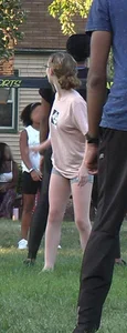 Nerdy blonde teen plays in tight short shorts
