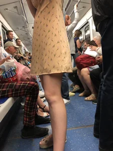 Cute Girl in a Dress with Skinny Legs in Sandals Subway Train Candid Photo