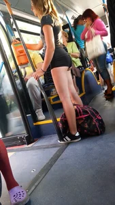 Candid Girl With Sexy Skinny Legs in Mini Shorts Bus Creepshot