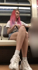 Girl With Pink Hair and Hot Legs in Denim Shorts in the Subway Train Candid Photo Gallery