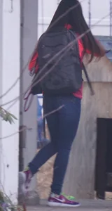 Girl next door teen walking to car in various tight jeans
