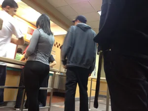 Bubble butt brunette at Wendy's in tight leggings