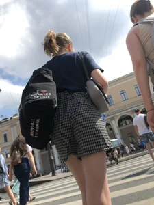 Two Teen Girls in Matching Shorts With Slim Legs on the Crosswalk Large Creepshots Gallery