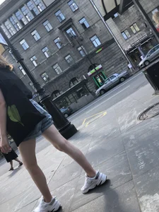 Candid Teen in Denim Shorts And Sneakers With Slim Legs Street Photos