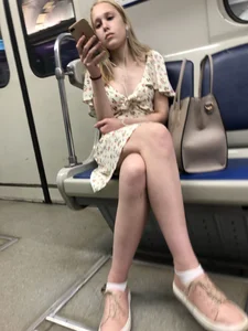 Blonde in a Dress Subway Candid - Hot Skinny Legs