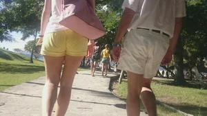 Milf in yellow shorts with vpl and a wedgie