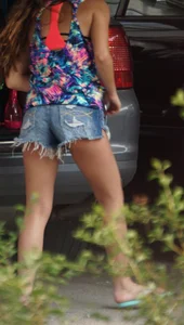 Hot teen neighbor getting ready for the beach in short shorts showing some cheek