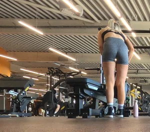 Cute gym blonde with orange hair ribbon