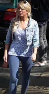 Hot blonde girl in tight blue leggings with nice ass