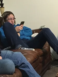 Sitting With Widely Spread Legs in Tight Jeans