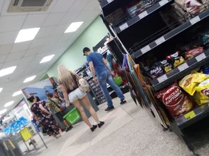 Grocery store blonde with a nice ass in tight white shorts