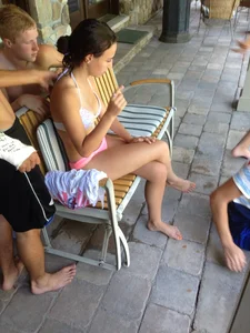 Cute And Skinny Candid Girl Sitting on a Bench in a Swimsuits Creepshots