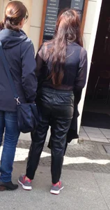 Street Candid Girl in Leather Pants Creepshot