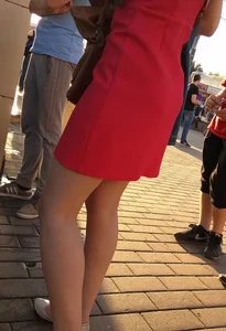 Red Dress Candid - Sexy Legs in Flats
