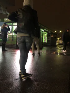 Cute Girl in Leather Jacket and Tight Jeans - Late Evening City Creepshot