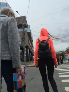 Girl in a Hoodie and Yoga Pants Public Bus and Crosswalk Ass And Crotch Closeup Photos Gallery