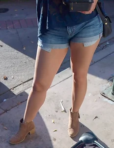 Legs and Crotch in Blue Denim Shorts Street Closeup