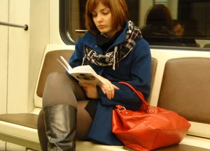 Sexy girls in skirts, stockings and upskirts on the train