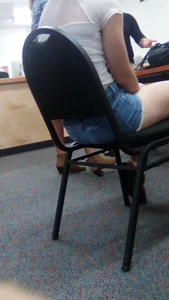Girl in Denim Shorts Office Desk Creepshot