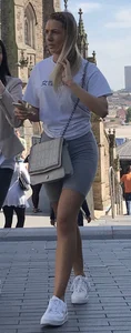Hot blonde with VTL in grey shorts