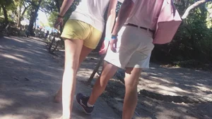 Milf in yellow shorts with vpl and a wedgie