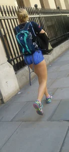 Blonde babe walking in blue spandex shorts