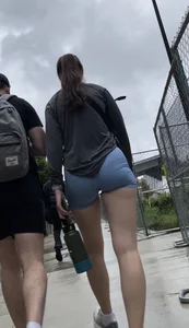 Succulent College Brunette in light blue spandex shorts VPL (oc)