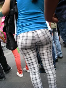 Nice big ass in tight patterned pants with vpl