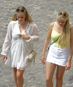3 cute blondes in skirts and 1 see through dress