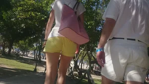 Milf in yellow shorts with vpl and a wedgie