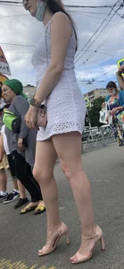 Tall Milf on High Heels in a Short Dress on the Crosswalk - Perfect Legs Creepshots