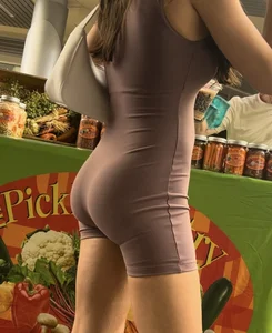 Brunette with tight and perky ass in brown one-piece (OC)