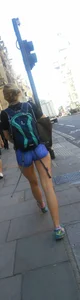 Blonde babe walking in blue spandex shorts