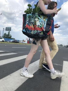 Girl in a Short Dress With Long Pale Fit Tattooed Legs on the Crosswalk Creepshots