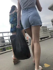 Sexy Butt And Legs in Denim Shorts - Candid Girl in Sandals Walking Up the Stairs Creepshots Gallery