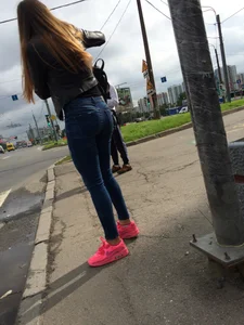 Hot Girl in Tight Blue Jeans And Bright Pink Sneakers on a Crosswalk Street Booty Creepshots Collection