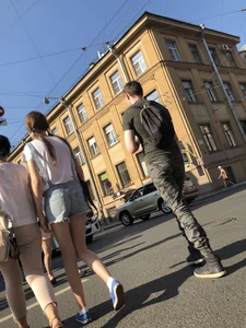 Skinny Legs in Denim Shorts City Street Candid Pics